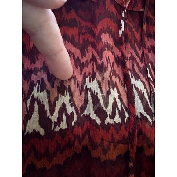 JOIE Bremene Sheer Silk Tunic Top Lace Up V Neck Printed Orange Red Brown Size L - Picture 7 of 9